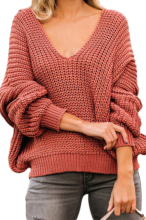 Solid V Neck Pullover Sweater Coral