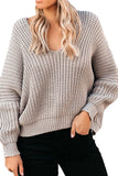 Dolman Sleeve V Neck Plain Knit Sweater Gray