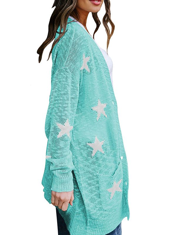 Women's Star Print Button Down Knit Open Front Cardigan Sweaters