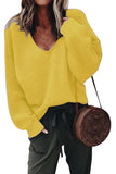 Casual V Neck Solid Pullover Sweater Yellow