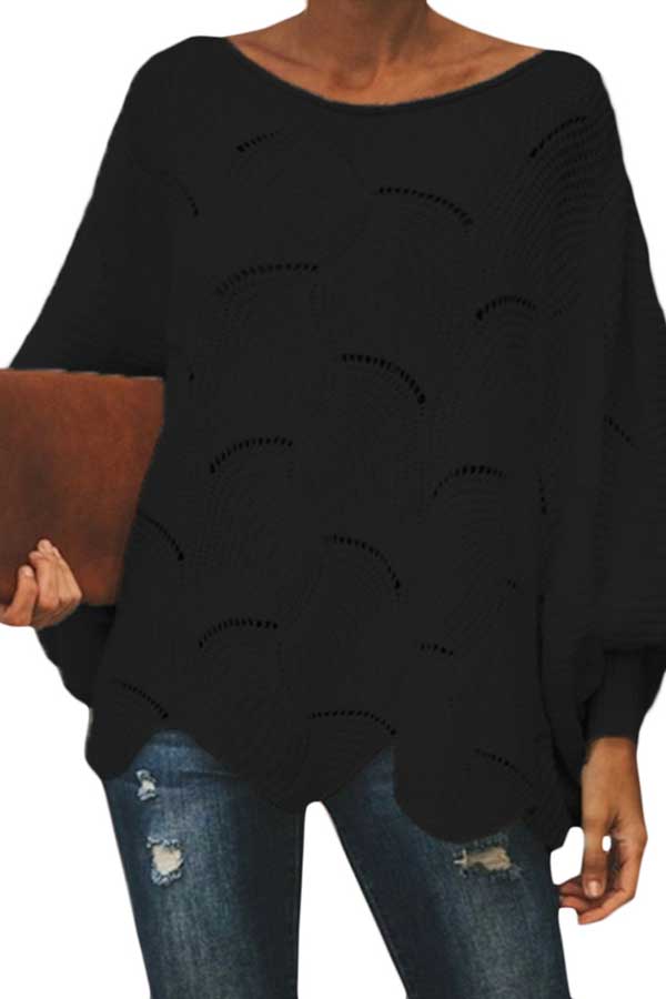 Boat Neck Solid Cut Out Knit Oversized Sweater Black