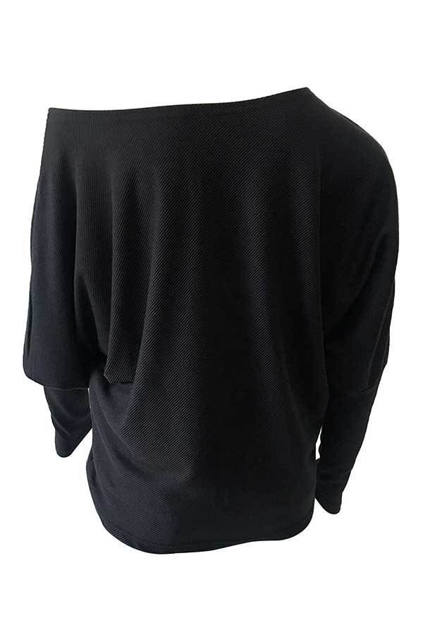 Off Shoulder Ribbed Oversized Solid Sweater Black