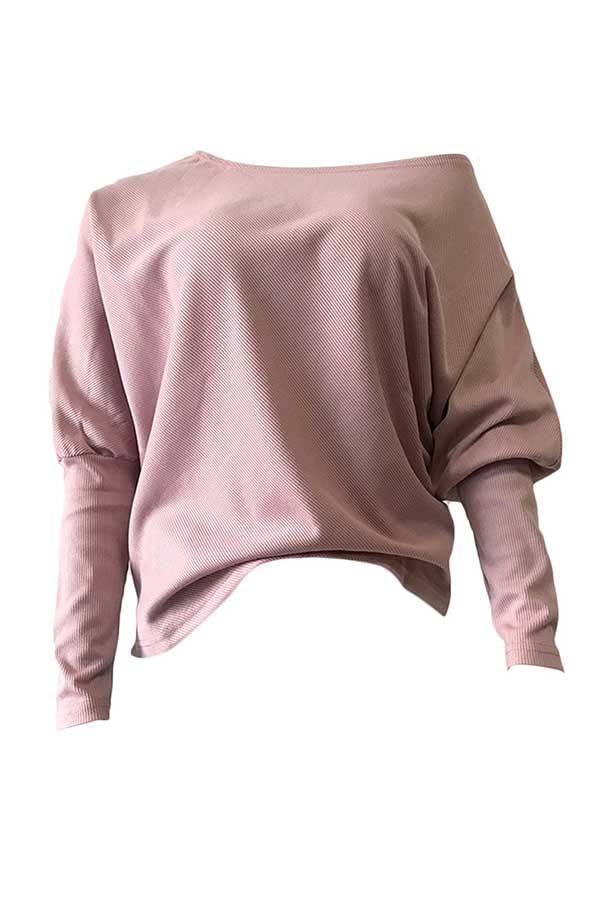 Solid One Shoulder Ribbed Knit Sweater Pink