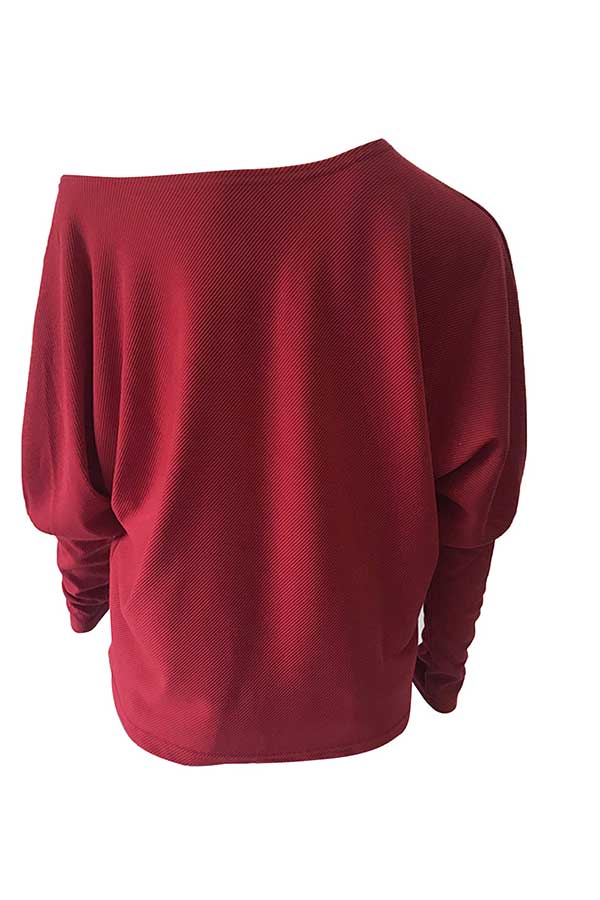 One Shoulder Dolman Sleeve Solid Knit Sweater Ruby
