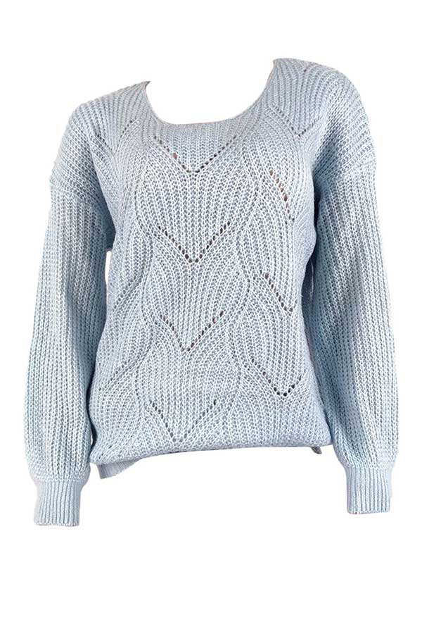 Solid Drop Shoulder Crochet Pullover Sweater Light Blue