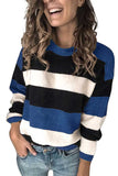 Casual Drop Shoulder Color Block Pullover Sweater Blue