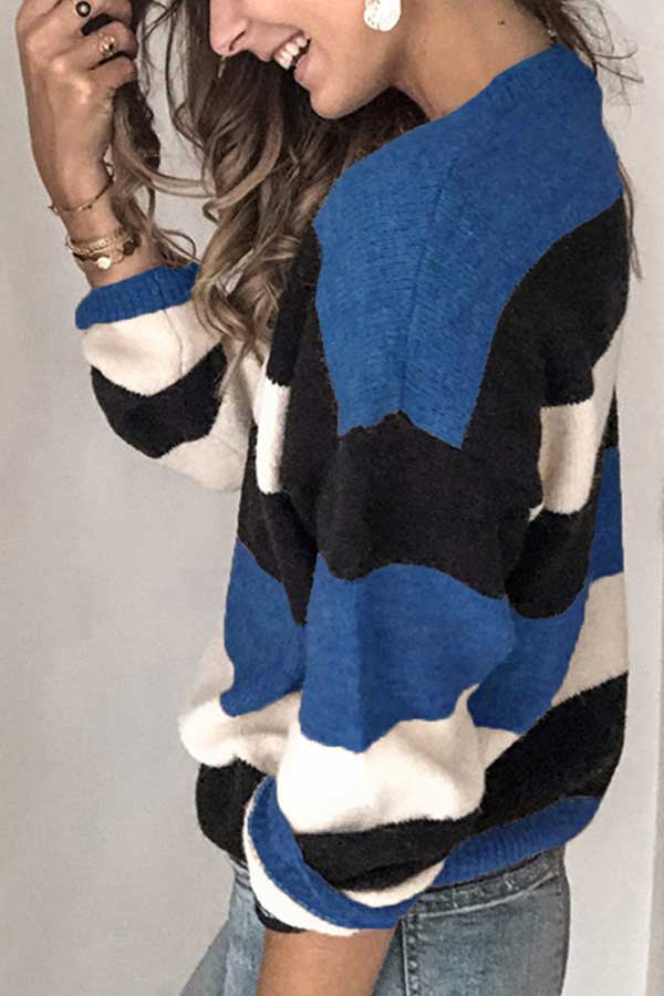 Casual Drop Shoulder Color Block Pullover Sweater Blue