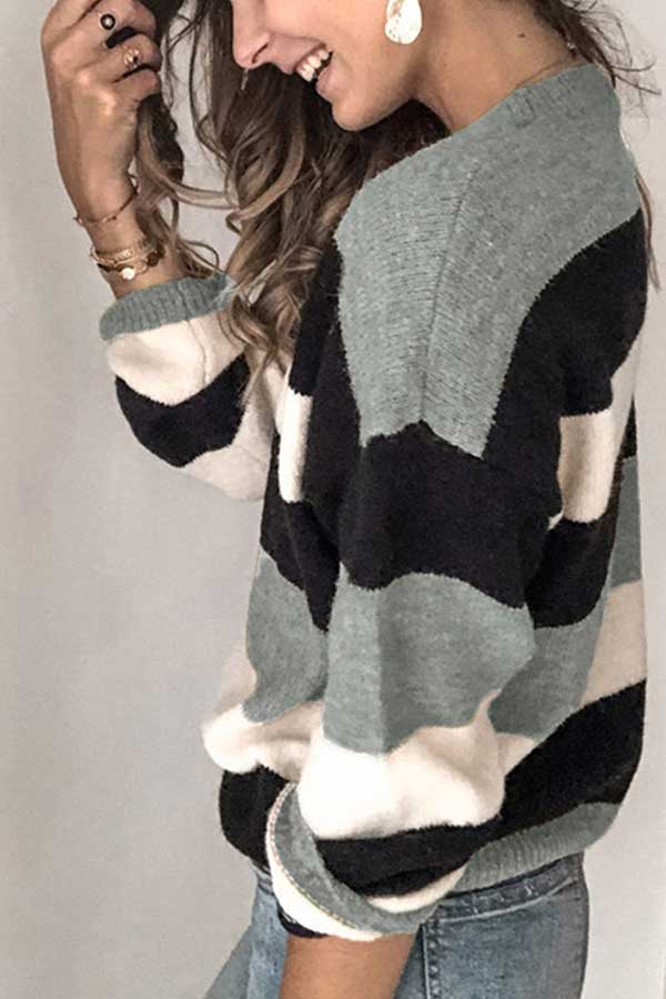 Casual Striped Oversized Pullover Knit Sweater Gray