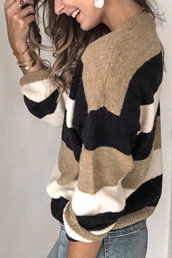 Color Block Striped Oversized Pullover Sweater Khaki