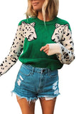 Casual Crew Neck Leopard Print Pullover Sweater Green