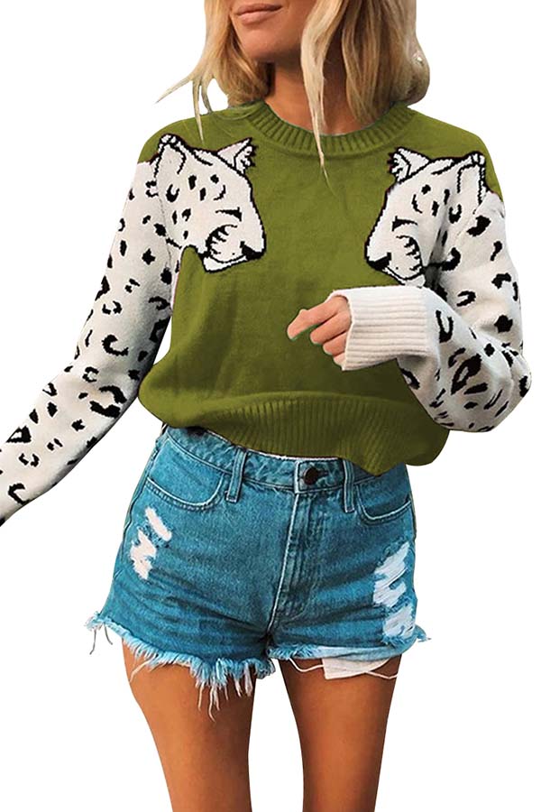 Casual Long Sleeve Leopard Print Pullover Sweater Oliver Green