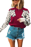 Crew Neck Long Sleeve Leopard Print Pullover Sweater Red