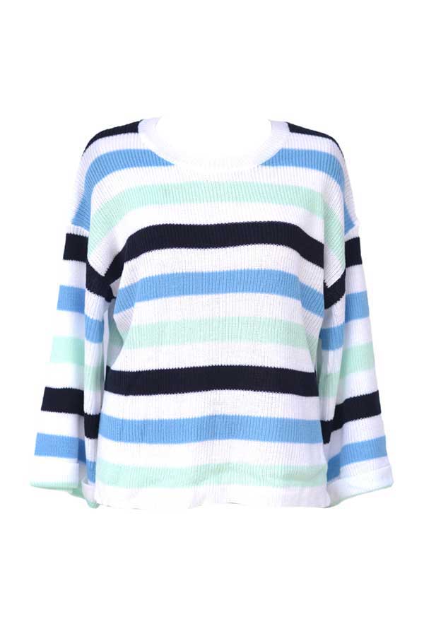 Drop Shoulder Color Block Striped Pullover Knit Sweater Blue