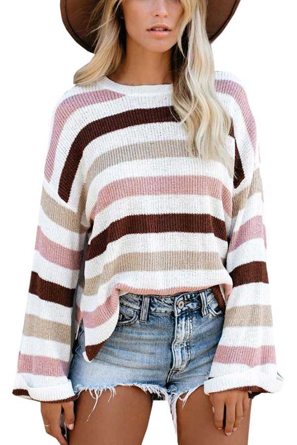 Drop Shoulder Color Block Loose Knit Sweater Baby Pink