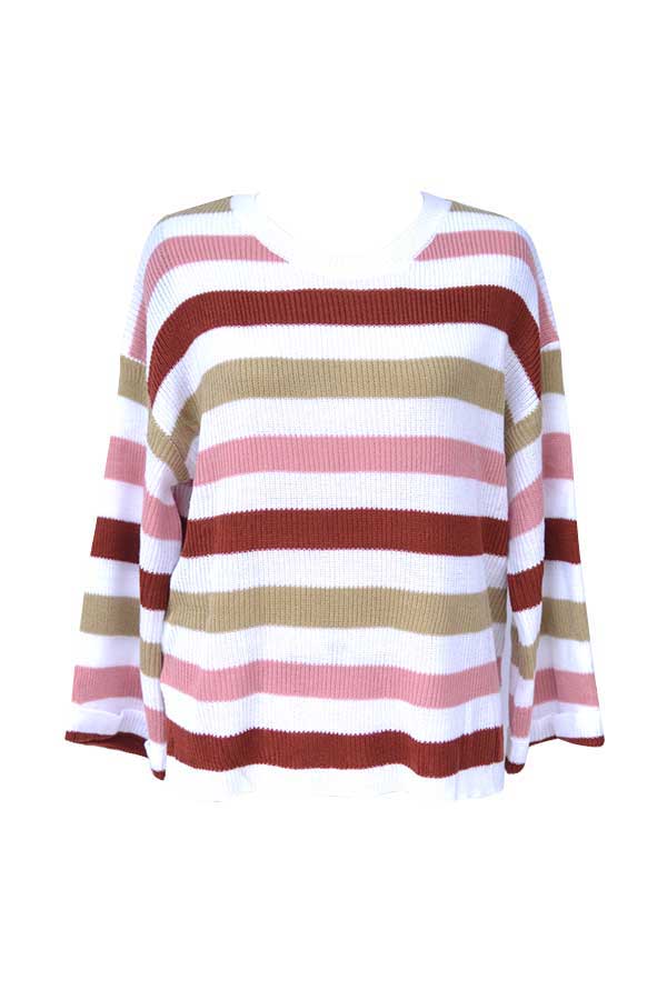 Drop Shoulder Color Block Loose Knit Sweater Baby Pink