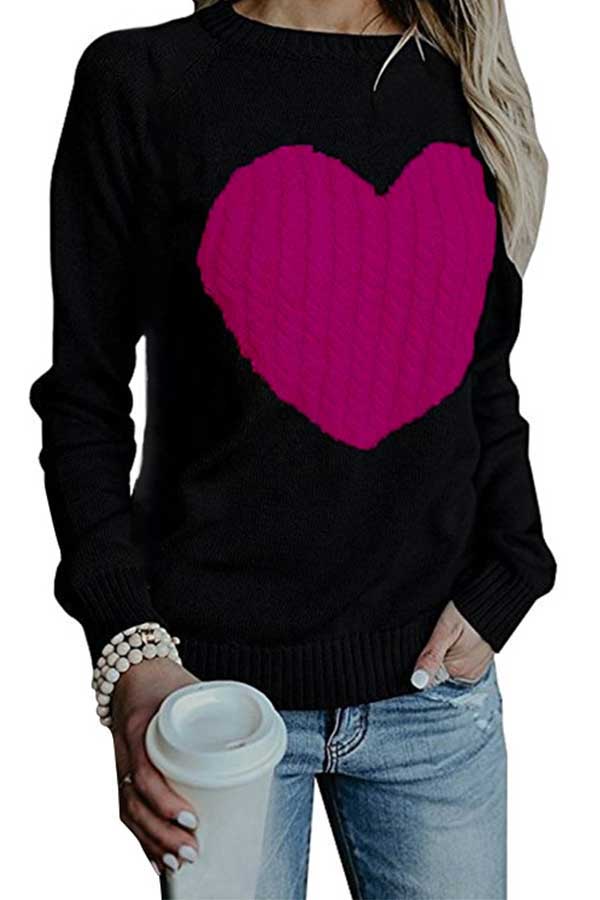 Knit Heart Print Long Sleeve Pullover Sweater Rose Red