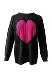Knit Heart Print Long Sleeve Pullover Sweater Rose Red