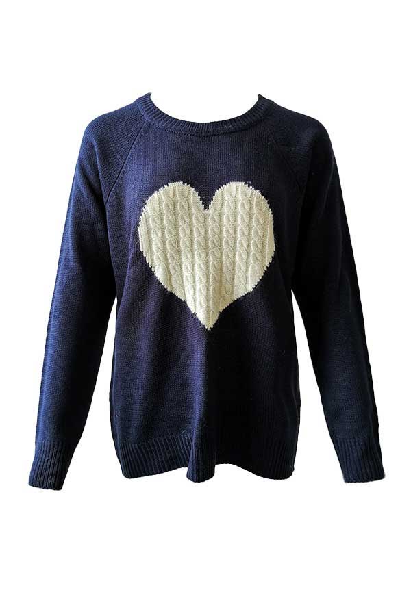 Raglan Sleeve Heart Print Knit Sweater Navy Blue