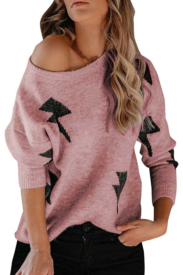 Crew Neck Long Sleeve Lightning Print Sweater Pink