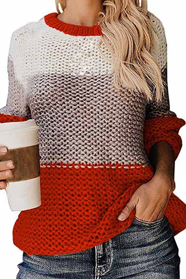 Color Block Long Sleeve Knit Casual Sweater Tangerine