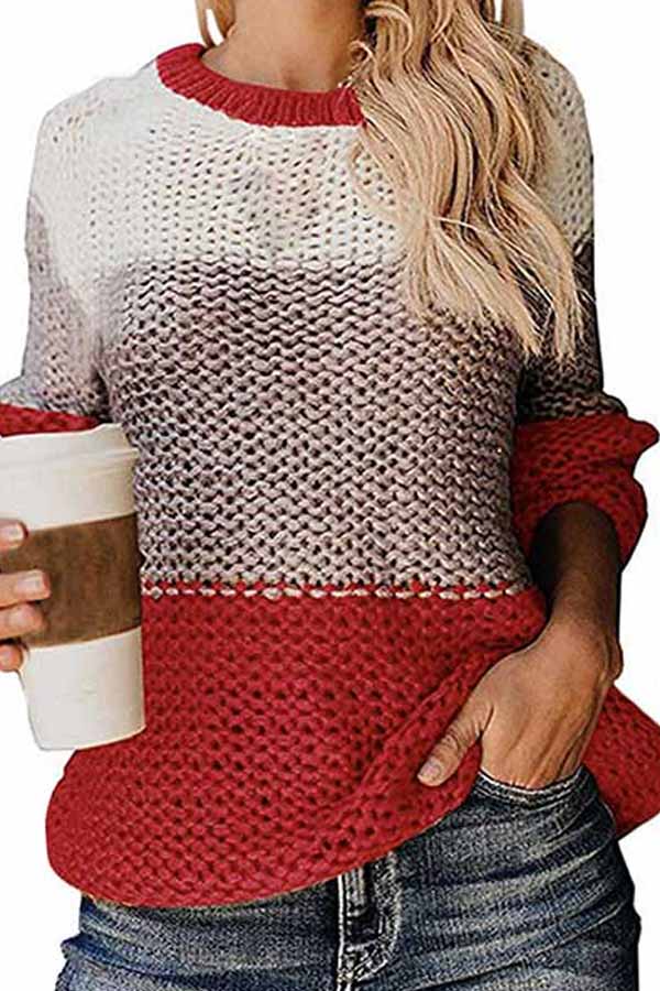 Long Sleeve Crew Neck Color Block Sweater Red