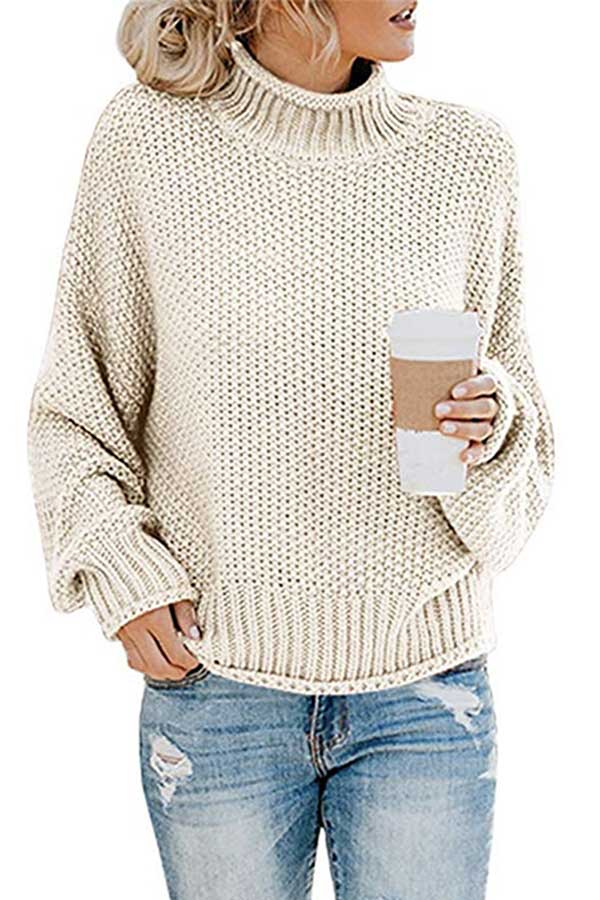 Batwing Sleeve Cable Knit Plain Casual Sweater Beige White