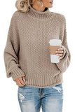 Solid High Neck Batwing Sleeve Pullover Sweater Khaki