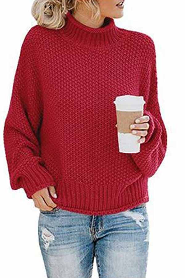 High Neck Dolman Sleeve Casual Pullover Sweater Red