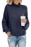 Solid High Neck Cable Knit Pullover Sweater Navy Blue