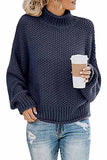 Solid High Neck Cable Knit Pullover Sweater Navy Blue