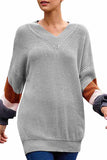 Cable Knit Puff Sleeve V Neck Pullover Sweater Grey