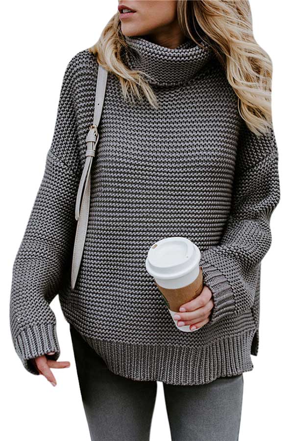 Casual Drop Sleeve High Neck Knit Sweater Grey