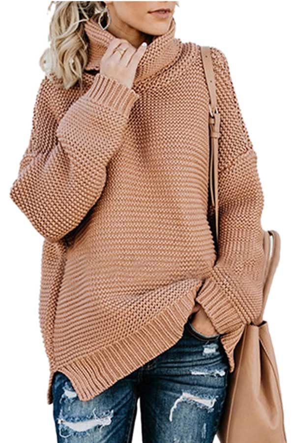 Turtleneck Drop Sleeve Knit Pullover Sweater Khaki