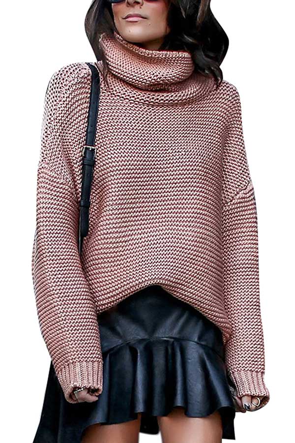 Turtleneck Long Sleeve Casual Plain Knit Sweater Pink