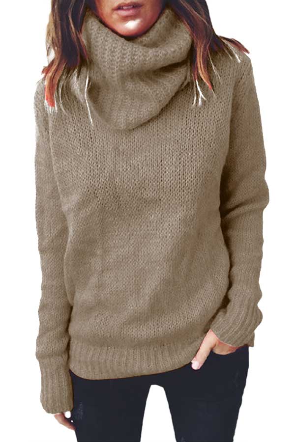 High Neck Casual Pullover Knit Sweater Khaki
