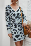 Sexy V Neck Long Sleeve Leopard Knit Mini Dress