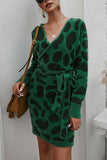 Casual V Neck Leopard Belt Mini Knit Dress Dark Green