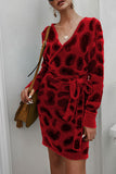 Long Sleeve V Neck Leopard Print Knit Mini Dress Dark Red