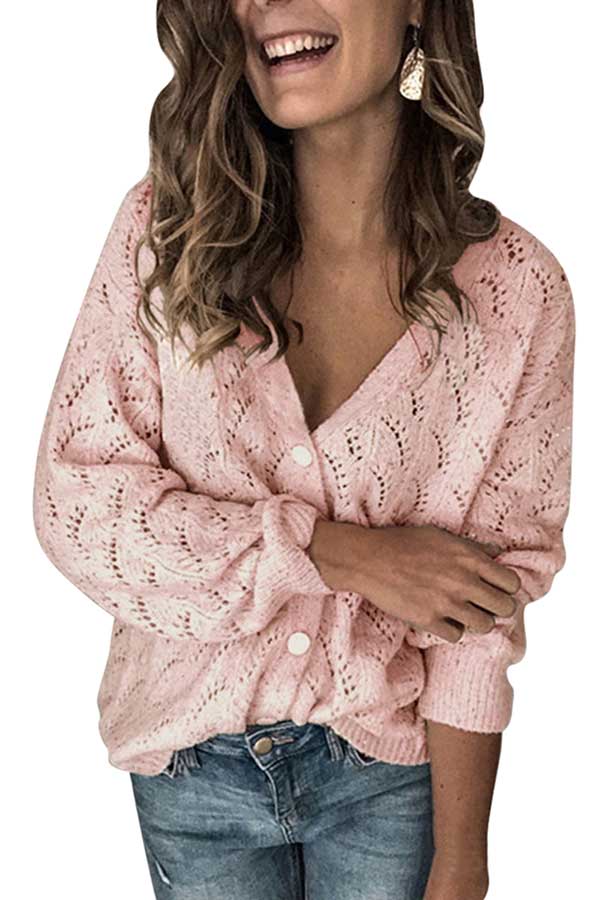 Button Front Crochet Cardigan Pink