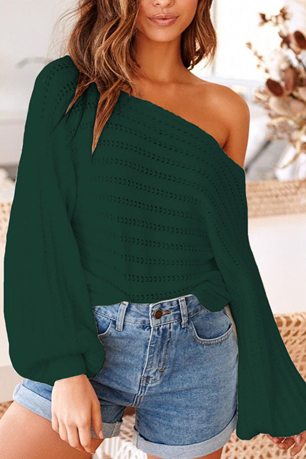 Loose Off Shoulder Batwing Sleeve Solid Sweater Dark Green