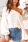 Off Shoulder Lantern Sleeve Oversized Sweater White