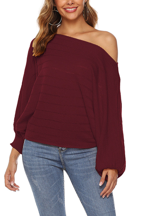 Casual Lantern Sleeve Plain Oversized Sweater Ruby