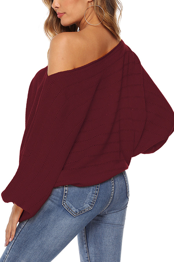 Casual Lantern Sleeve Plain Oversized Sweater Ruby