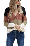 V Neck Color Block Button Down Cardigan Sweater Brown