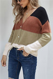 V Neck Color Block Button Down Cardigan Sweater Brown