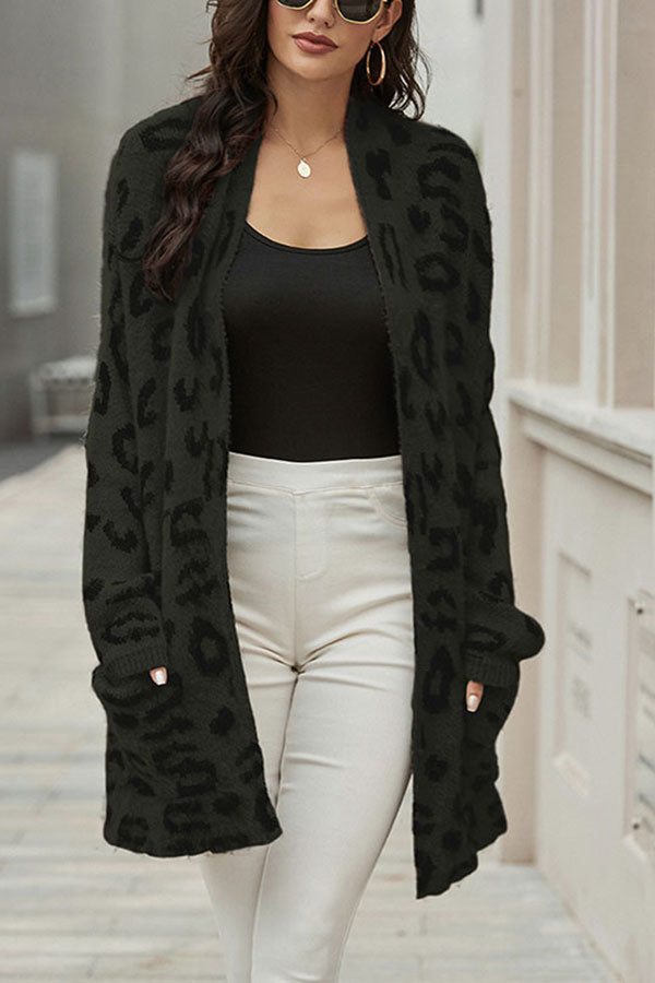 Oversized Leopard Knitted Sweater Cardigan For Women Olive