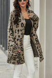 Open Front Leopard Print Cardigan Sweater With Pocket Dark Grey
