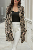 Open Front Leopard Print Cardigan Sweater With Pocket Dark Grey