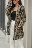 Open Front Leopard Print Cardigan Sweater With Pocket Dark Grey