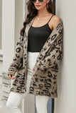 Open Front Leopard Print Cardigan Sweater With Pocket Dark Grey